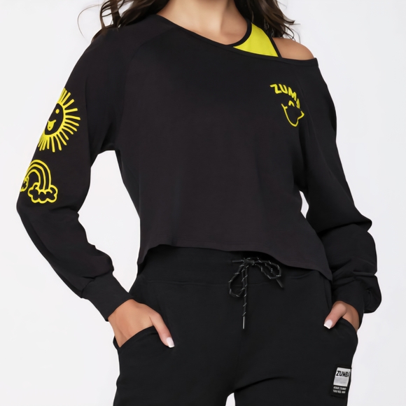 Zumba Fitness Tops - Zumba Fitness Black Cropped Off-Shoulder Sweatshirt with Neon Yellow Graphics